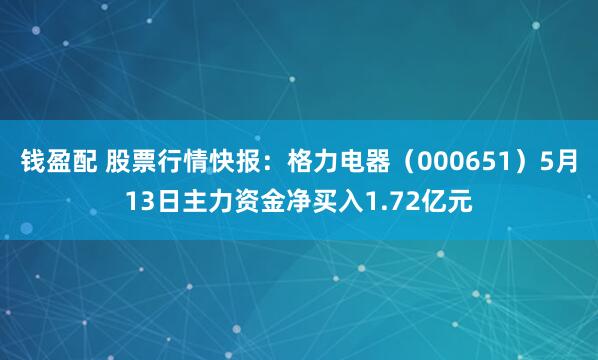 钱盈配 股票行情快报：格力电器（000651）5月13日主力资金净买入1.72亿元